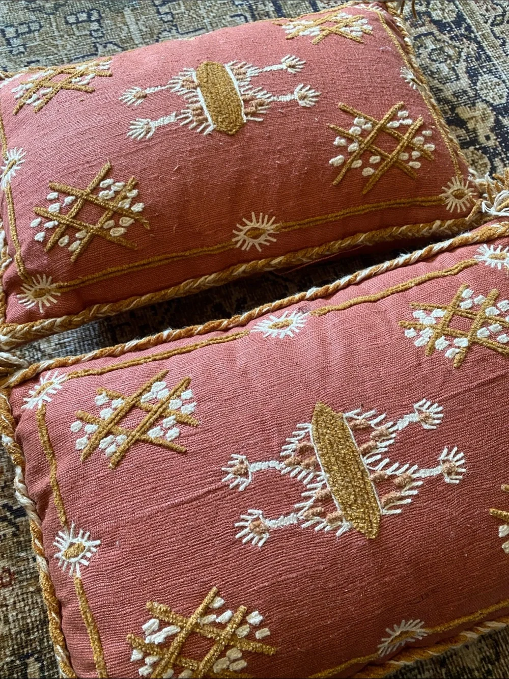 CREATIVE CO OP Embroidered Pink Throw Pillow with Gold Trim. SET OF TWO